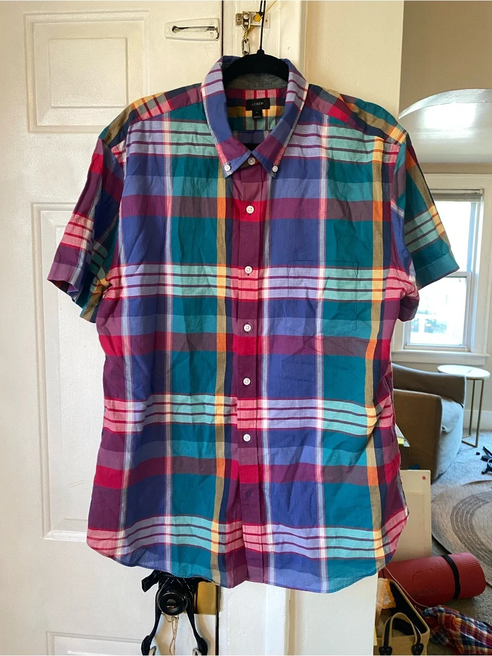 J Crew Madras 💯 Cotton Relaxed short-sleeve Indian shirt in plaid NWOT XL